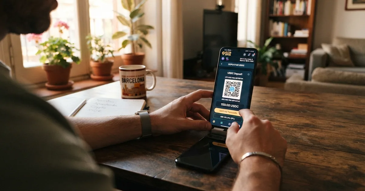 Interfaz de un casino online que muestra la opción de depósito con la stablecoin USDC junto a una cartera de criptomonedas en pantalla