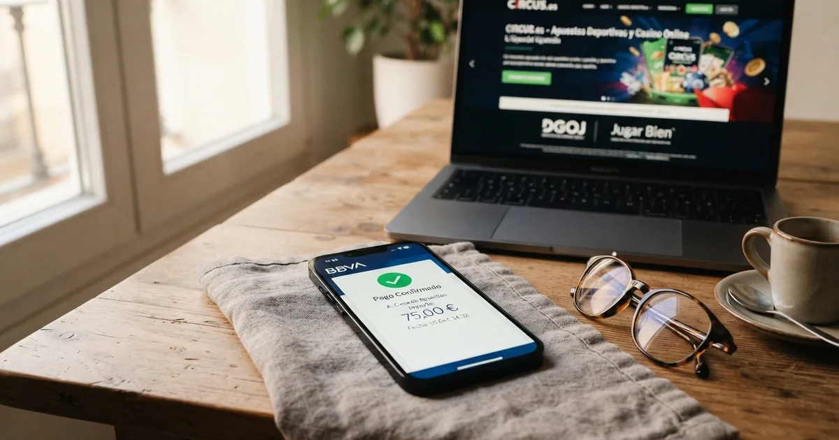 Pantalla de un teléfono móvil mostrando la app de un banco español con la interfaz de envío de dinero de Bizum, superpuesta sobre el fondo de la página de inicio de un casino online con licencia española