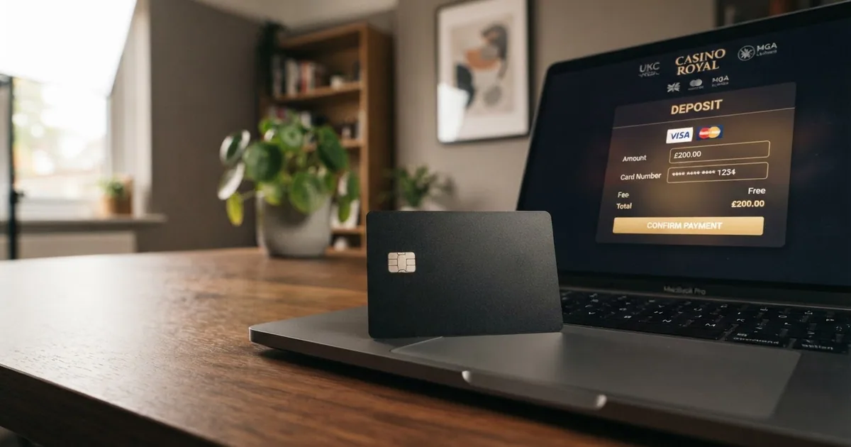 Primer plano de una tarjeta Mastercard sobre la pantalla de un ordenador portátil que muestra el cajero de un casino online con licencia DGOJ