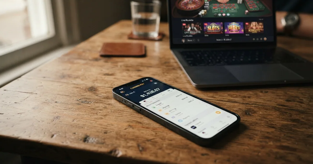 Pantalla de un teléfono móvil mostrando la app de MuchBetter abierta con su saldo, junto al logotipo de un casino online con licencia DGOJ