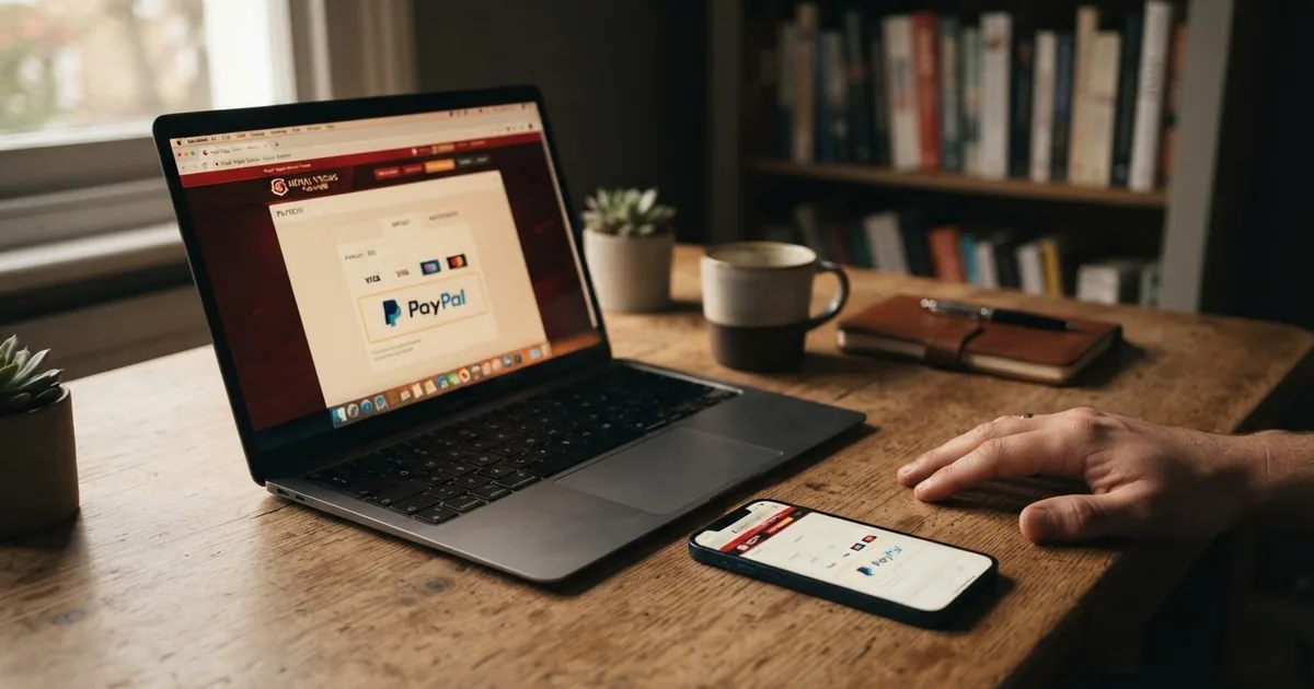 Pantalla de un ordenador portátil mostrando la página de depósito de un casino online español con el logotipo de PayPal como método de pago seleccionado, junto a un teléfono móvil con la misma pantalla
