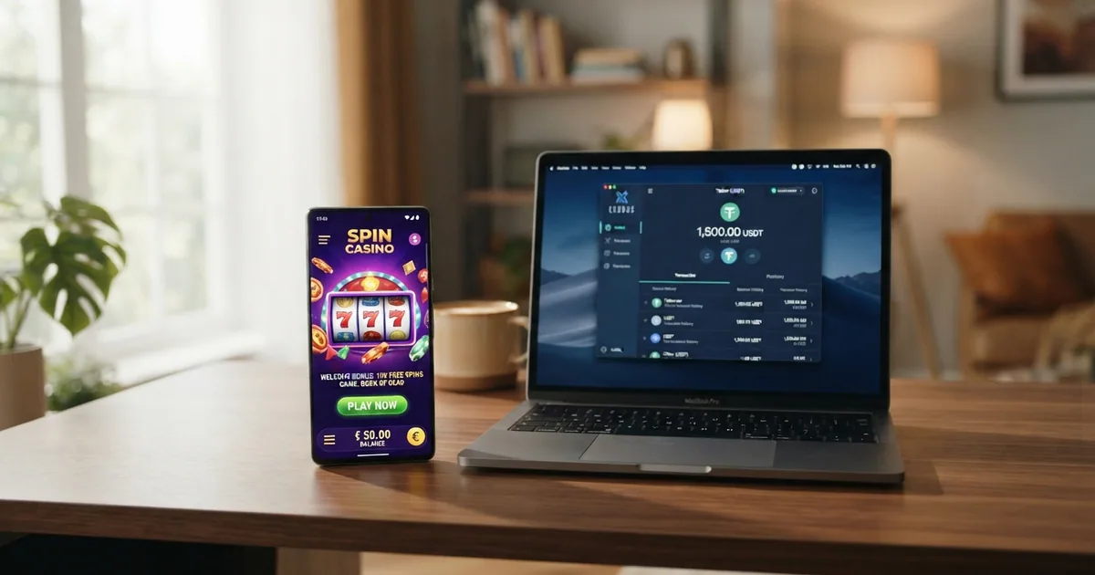 Cartera digital mostrando un saldo en USDT junto a la interfaz de un casino online en una pantalla de ordenador, con la stablecoin Tether como puente visual entre el mundo cripto y el juego