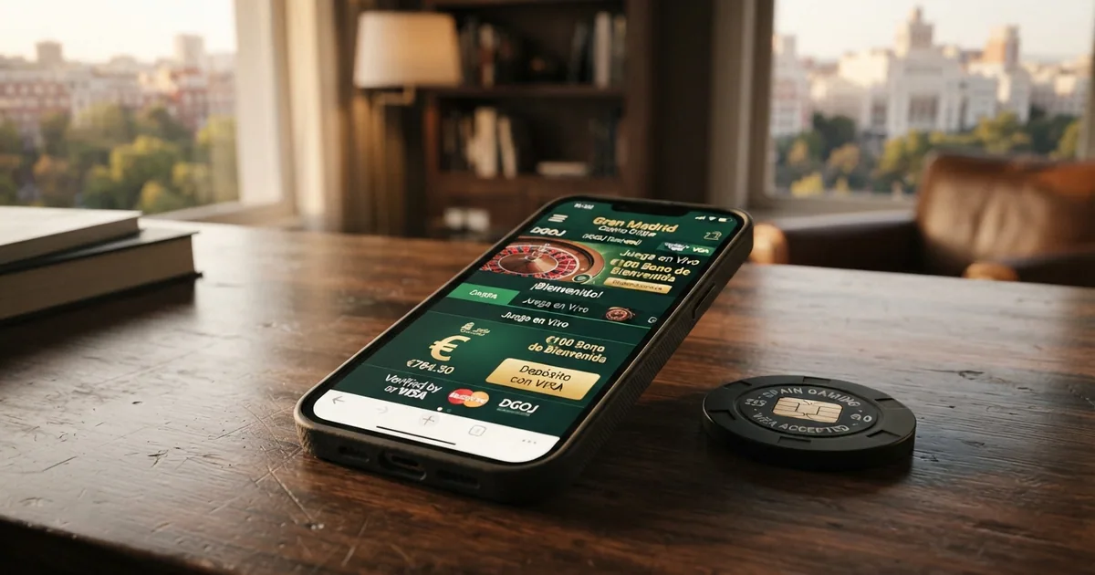 Pantalla principal de un casino online español con el logotipo de Visa destacado entre los métodos de pago y el saldo en euros visible