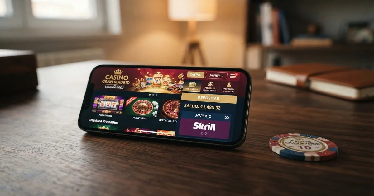 Interfaz de la aplicación Skrill mostrando un saldo en euros junto al logo de un casino online español