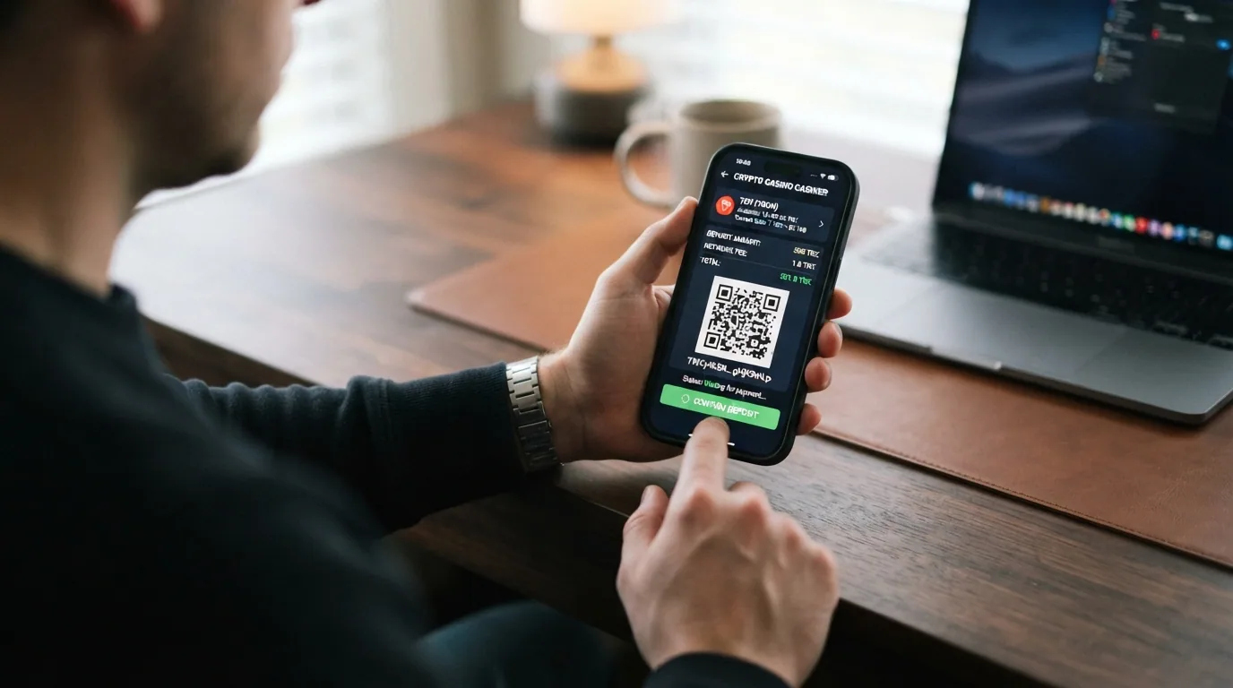 Pantalla de cajero de casino online mostrando TRX como método de depósito seleccionado junto al QR de la dirección de wallet
