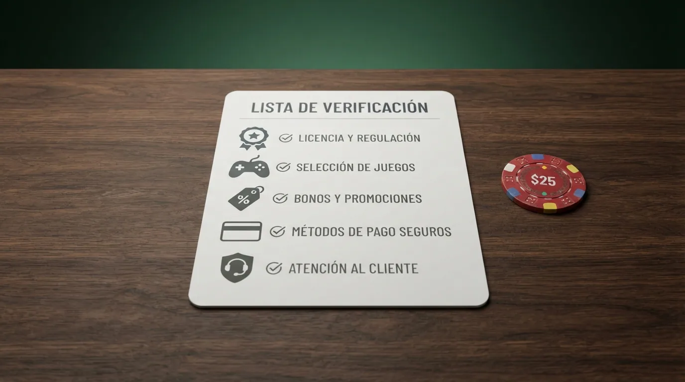 Lista de comprobación visual con los cinco criterios clave para elegir un casino online: licencia, juegos, bonos, pagos y soporte