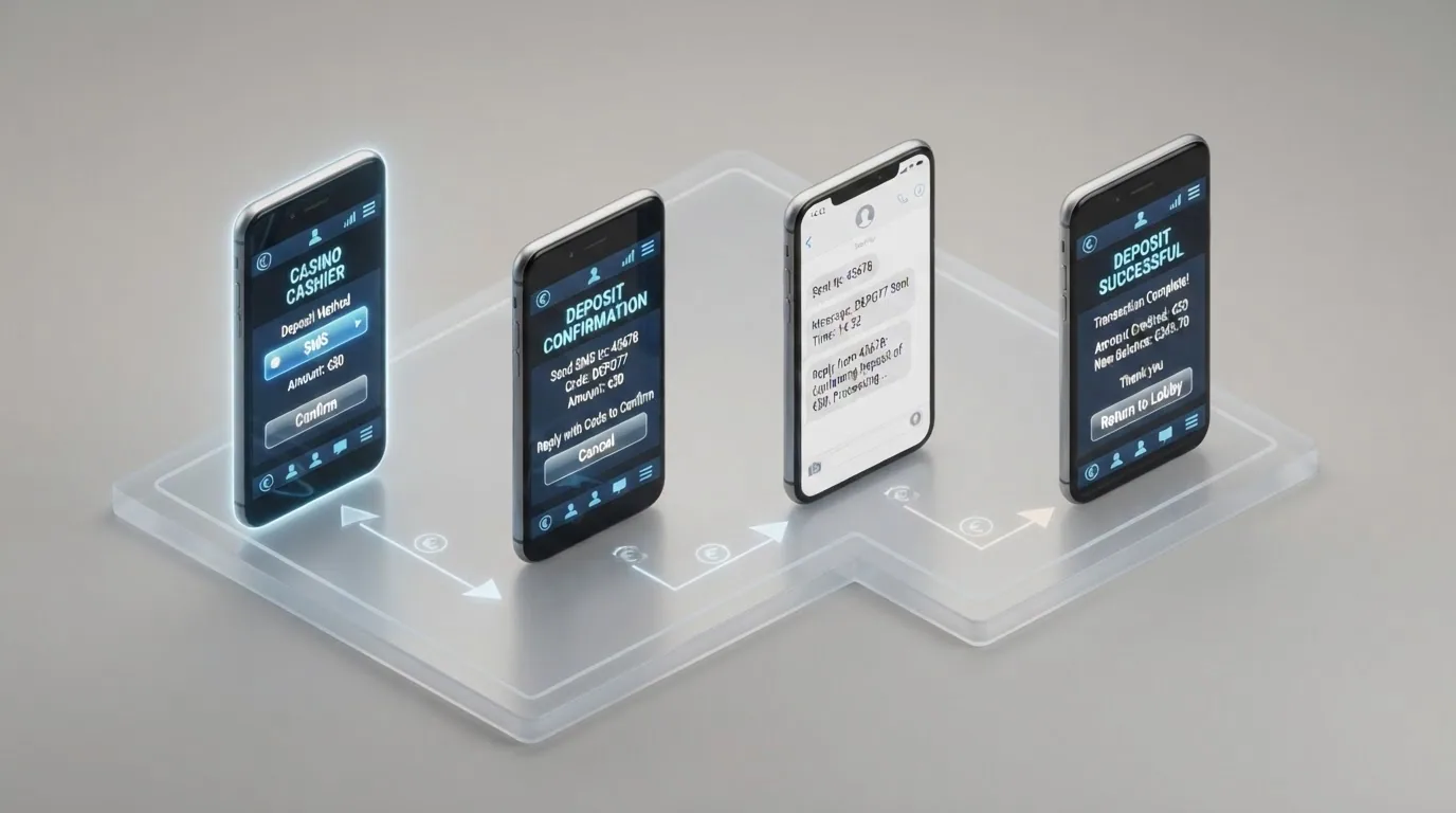 Infografía con los cuatro pasos del depósito por SMS: selección del método, envío del mensaje al número corto, confirmación del cargo y reflejo del saldo en la cuenta de juego