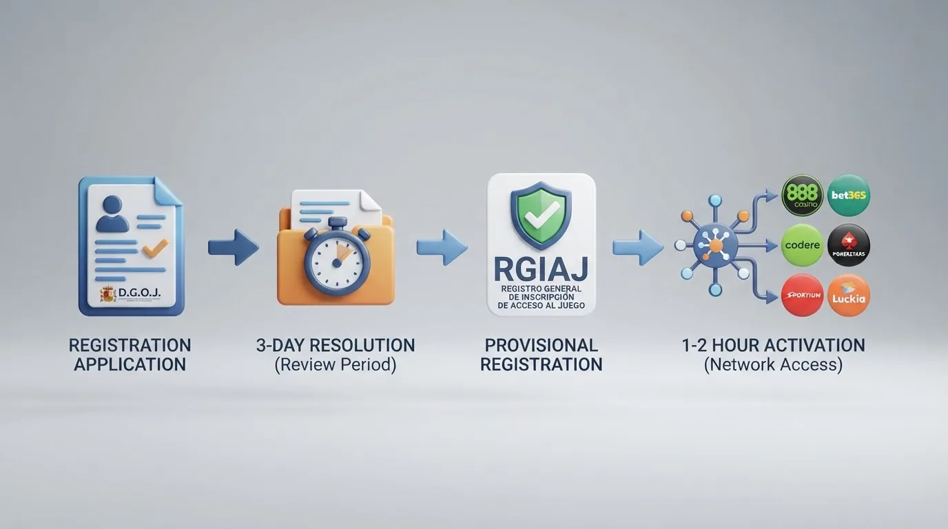 Diagrama del flujo de inscripción en el RGIAJ: solicitud, resolución en 3 días, activación del bloqueo en 1-2 horas y operadores que consultan el registro