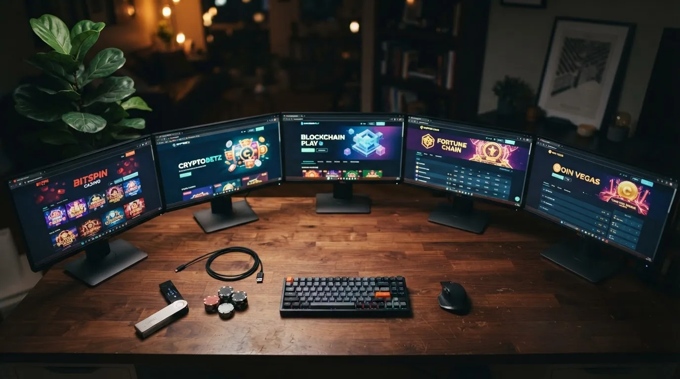 Una vista cenital de un escritorio con varias pantallas, cada una mostrando la página de inicio de un casino de criptomonedas diferente, rodeadas de una cartera de hardware wallet y monedas físicas de bitcoin.