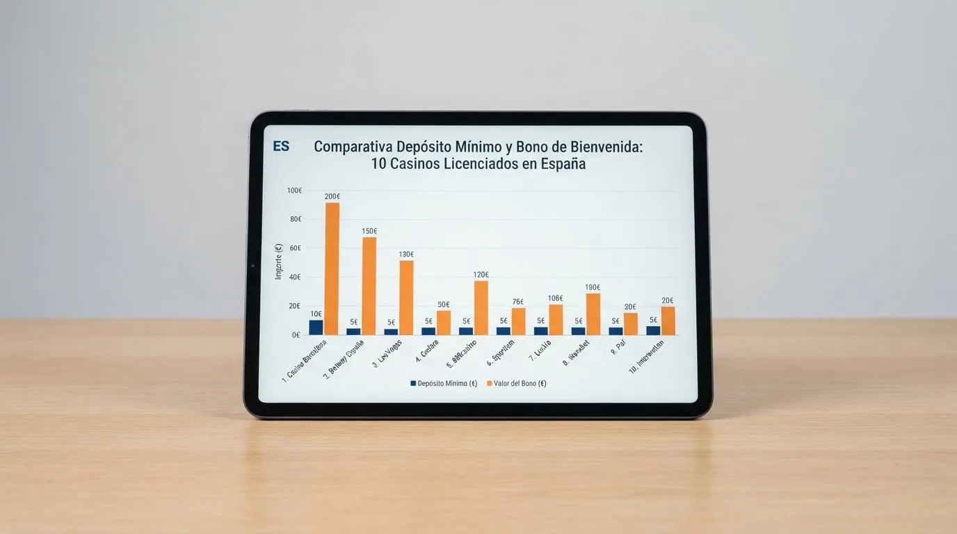 Gráfico de barras comparando el depósito mínimo de los 10 operadores analizados, con el valor del bono de bienvenida superpuesto como segunda serie