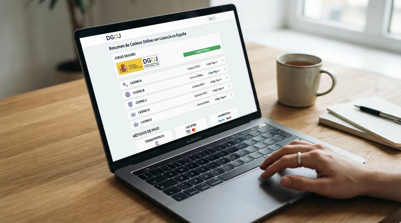 Una pantalla con las fichas de varios casinos online legales en España mostrando sus logos, la licencia DGOJ y los métodos de pago móvil disponibles