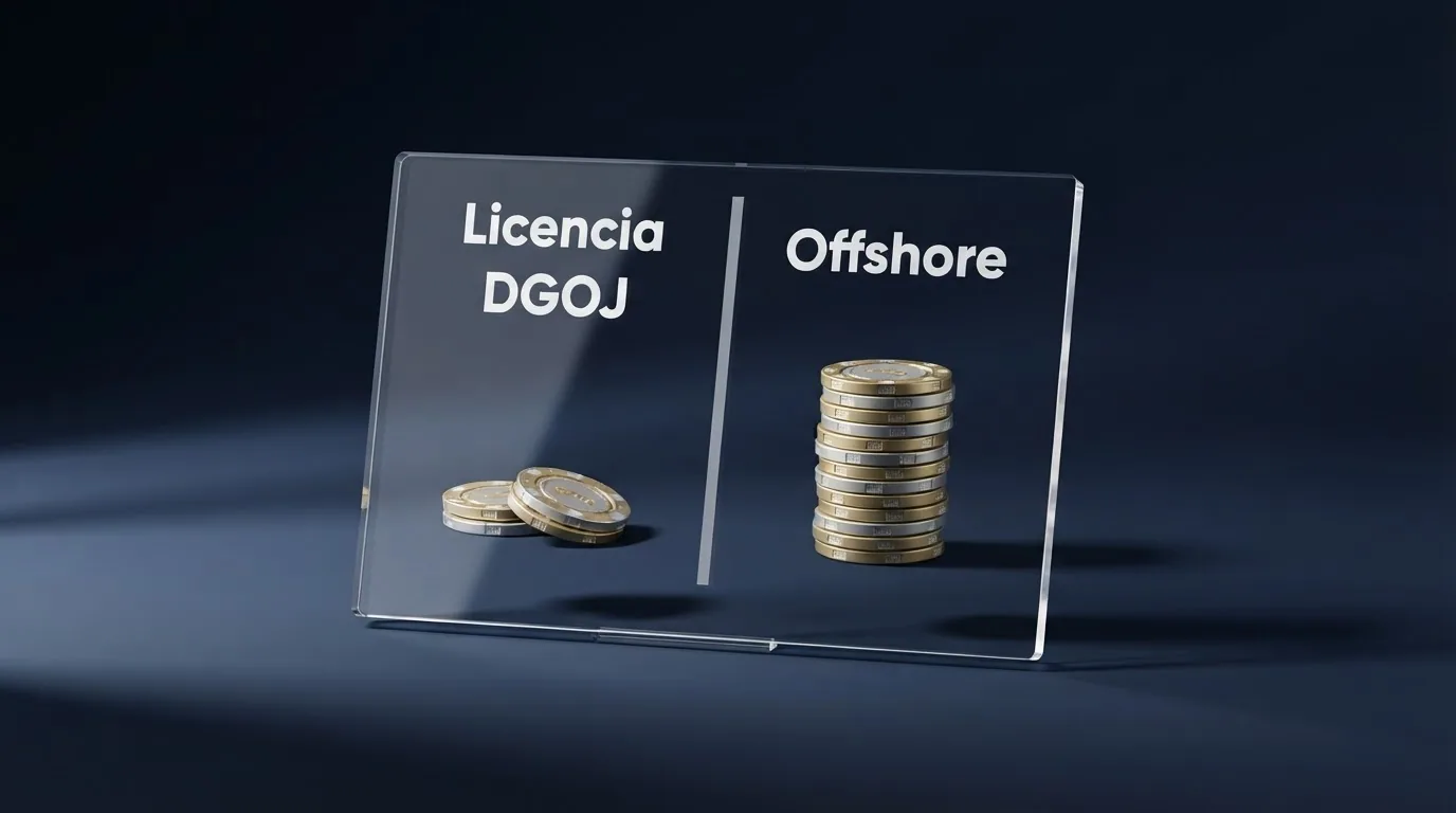 Una tabla comparativa con fichas de casino y el logo de Dogecoin, dividida visualmente entre el lado de los casinos con licencia DGOJ y el lado de los operadores offshore