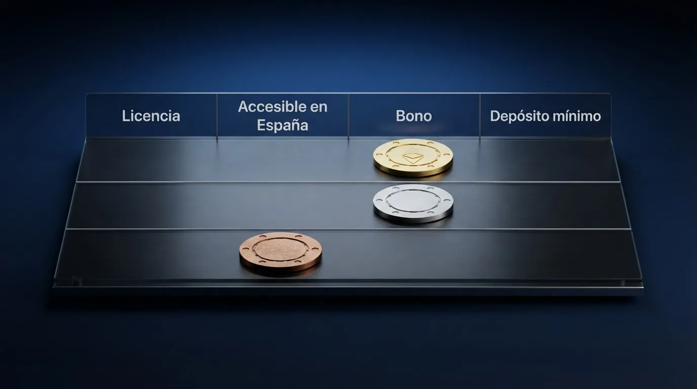 Una tabla comparativa con los logotipos y las cifras clave de los casinos Ethereum destacados — licencia, bono y depósito mínimo en columnas