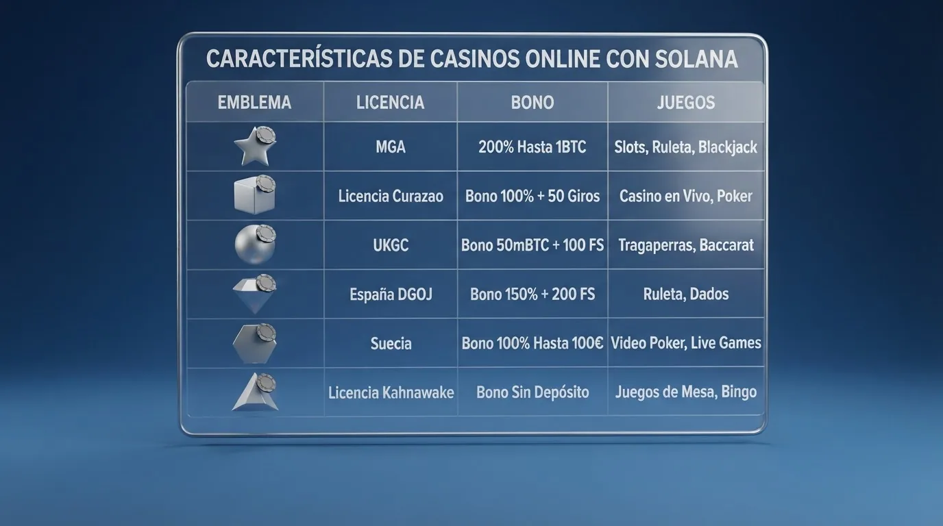 Tabla con los logotipos y datos clave de los diez casinos que aceptan Solana analizados en esta guía