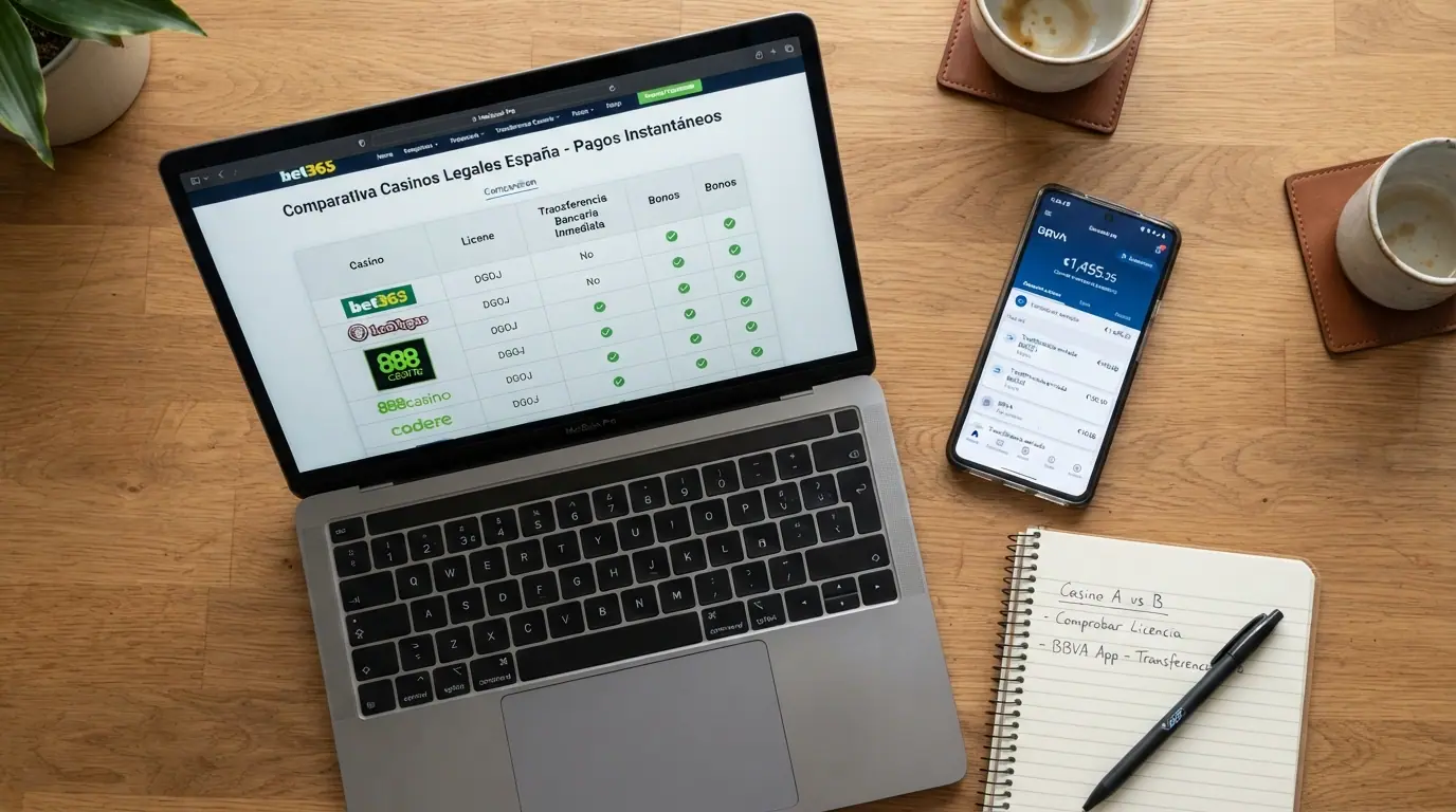 Vista cenital de un portátil con la tabla comparativa de casinos con Trustly abierta, junto a un móvil con la app de un banco español en primer plano
