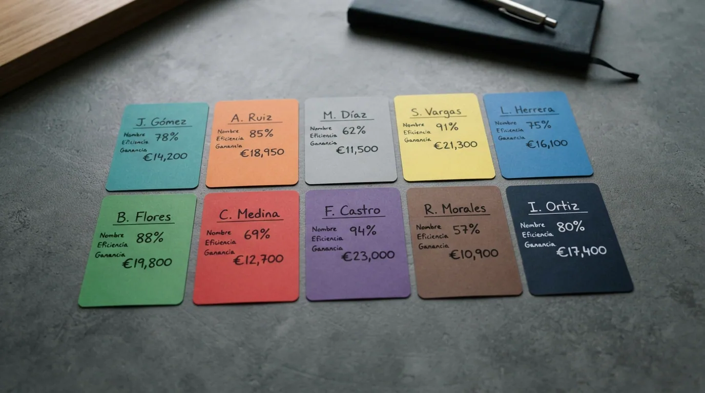 Diez tarjetas con los logotipos de los operadores destacados ordenadas sobre una superficie limpia, con anotaciones manuscritas de porcentajes y cifras junto a cada una