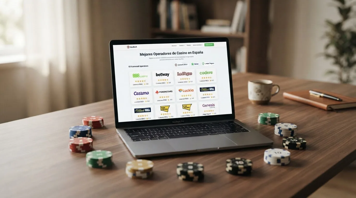 Mosaico con los logotipos de los diez operadores destacados ordenados por relevancia para el jugador de depósito bajo, sobre un fondo de interfaz de casino con ficha de comparativa