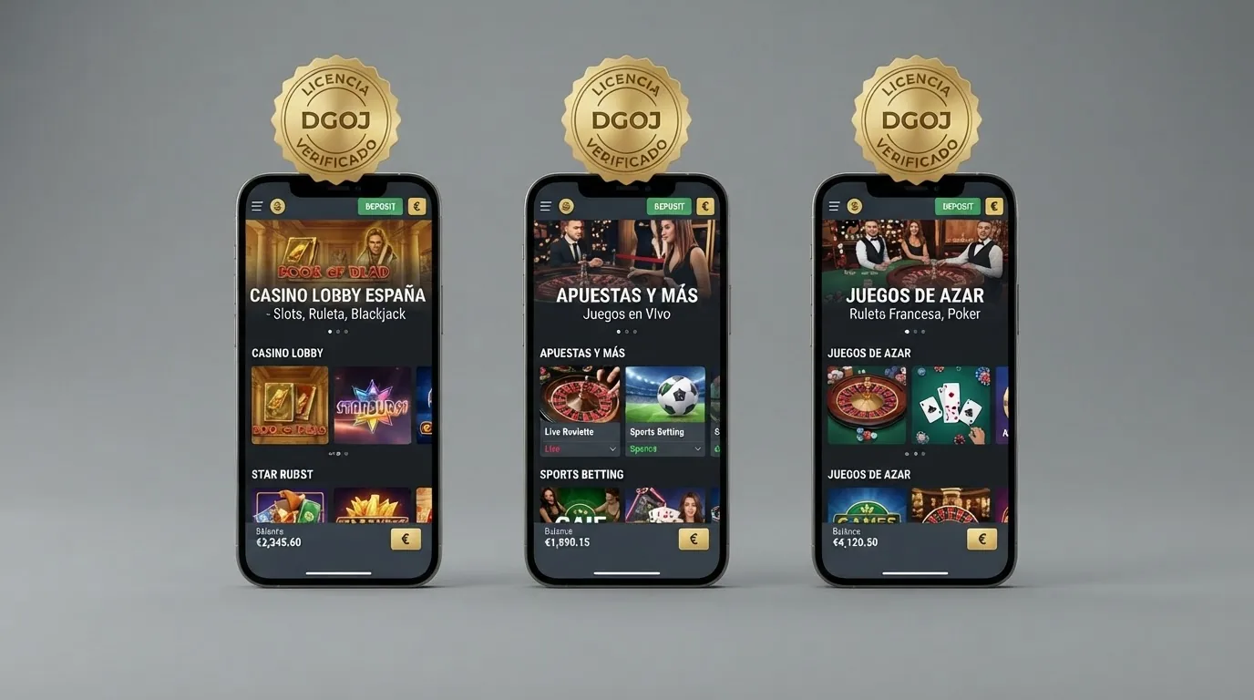 Pantalla dividida con las fichas de tres casinos del ranking mostrando bono de bienvenida rollover y distintivo de aceptación de Paysafecard