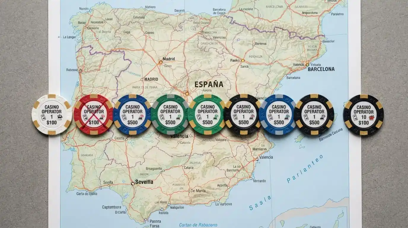 Diez tarjetas con los logotipos de los casinos revisados ordenadas sobre un mapa de España, con una de ellas (Rollbit) marcada como no accesible