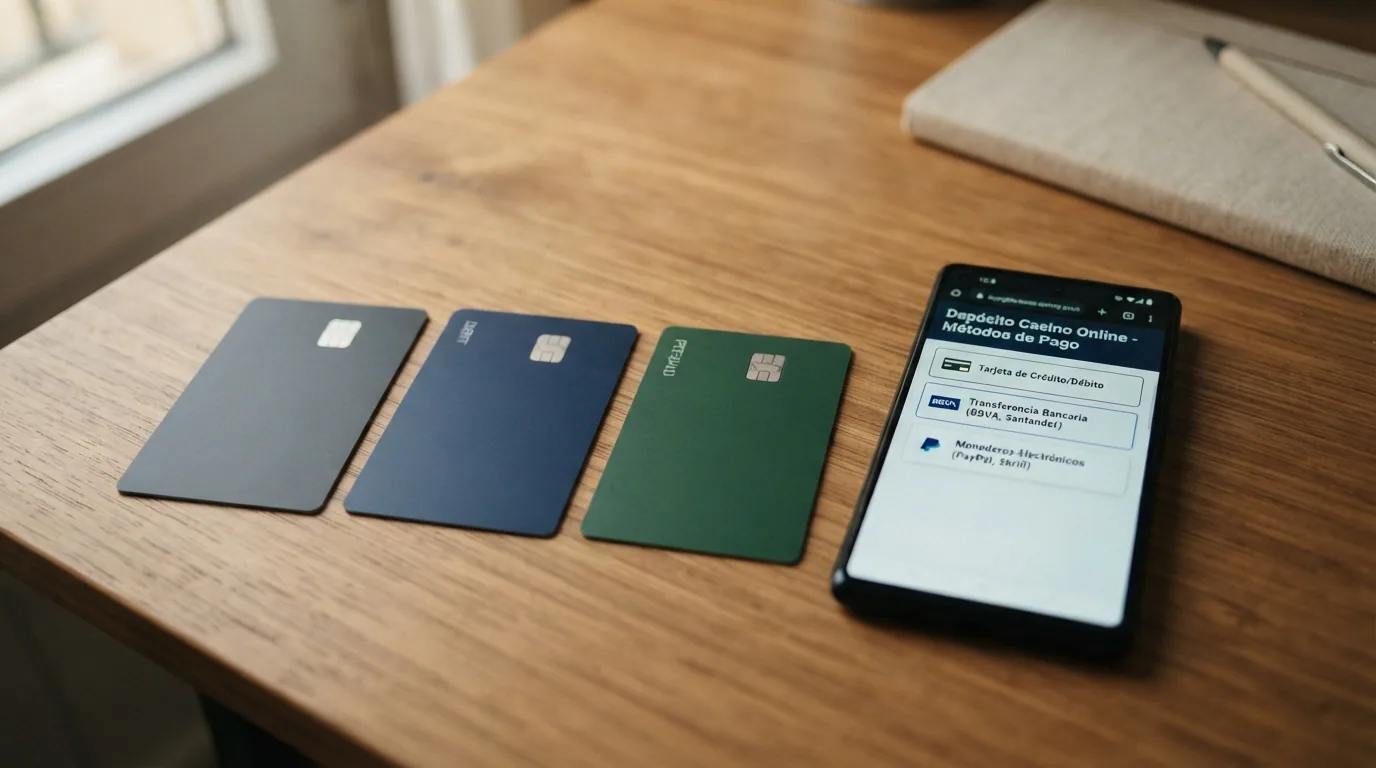 Tres tarjetas bancarias —crédito, débito y prepago— alineadas sobre una mesa junto a un teléfono que muestra la pantalla de métodos de pago de un casino