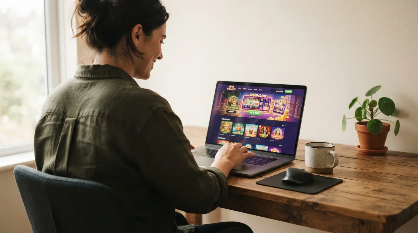 Un jugador sonriendo frente a la pantalla de su ordenador, con una taza de café al lado y la web de un casino abierta en segundo plano