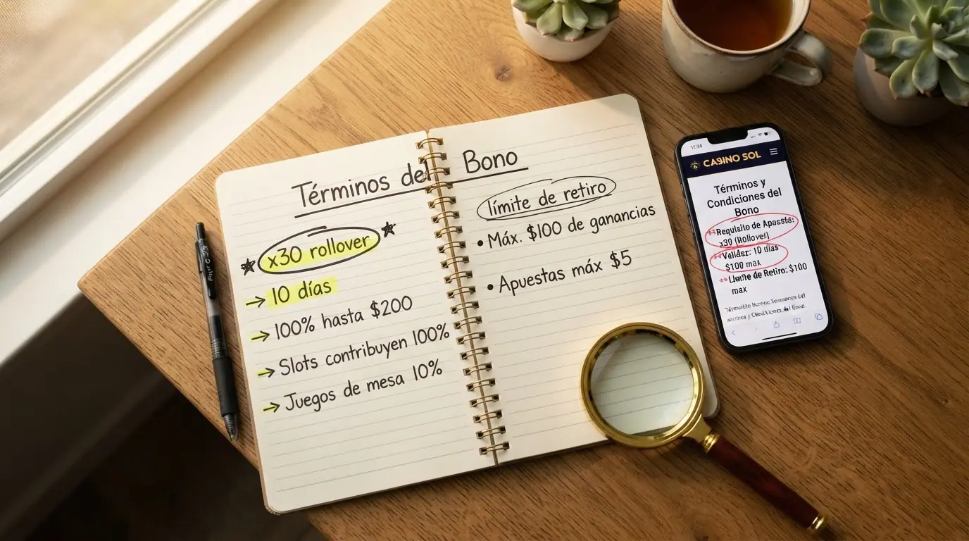 Primer plano de una lupa sobre el apartado de términos y condiciones de un bono de bienvenida en la web de un casino, con anotaciones manuscritas señalando el porcentaje de match, el rollover, la validez en días y el límite de retiro