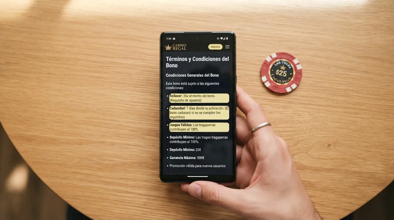 Primer plano de la sección de términos y condiciones de un bono de casino online con las palabras «rollover», «caducidad» y «juegos válidos» resaltadas