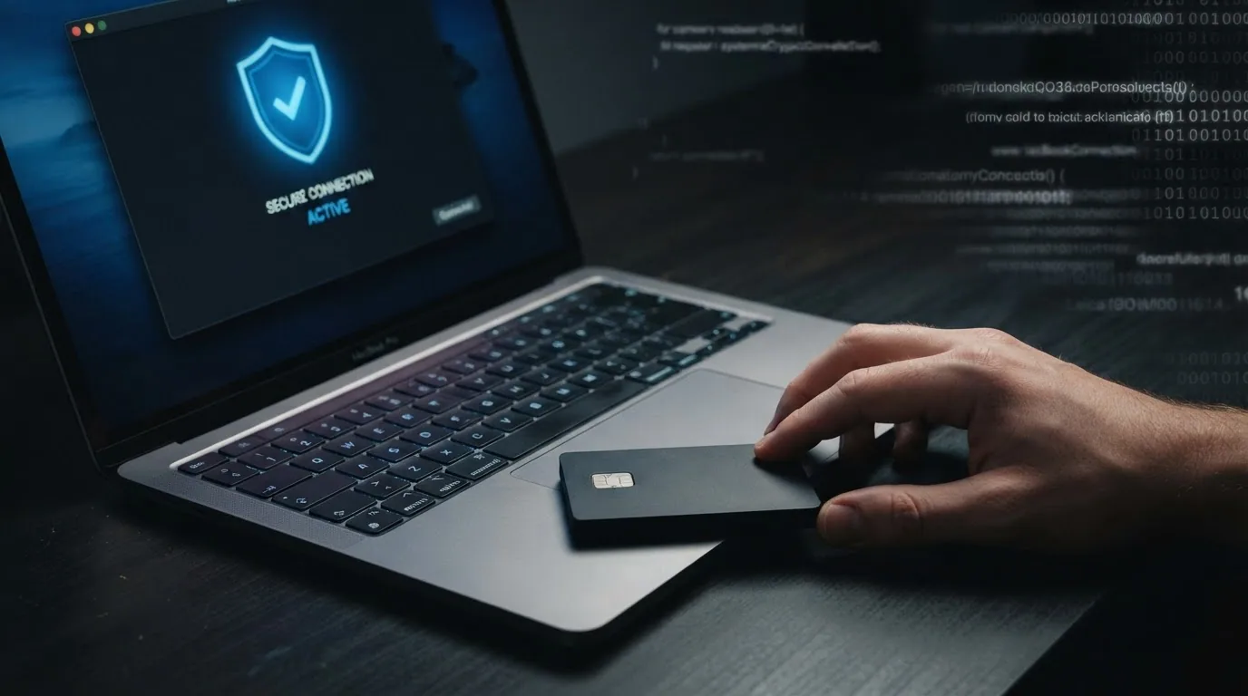 Un monedero físico de hardware para criptomonedas junto a un portátil con el icono de VPN activo, sobre un fondo oscuro con líneas de código difuminadas