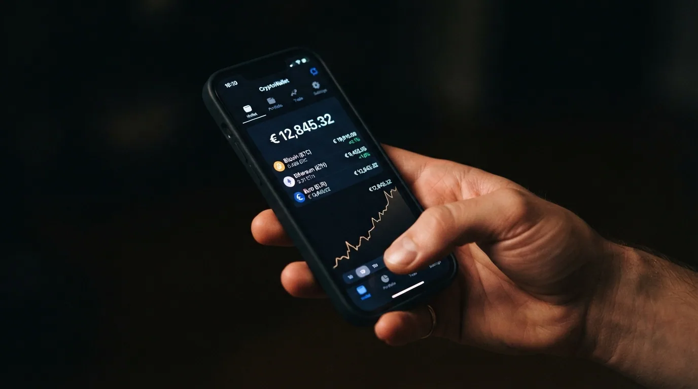 Una wallet de criptomonedas en la pantalla de un móvil mostrando un saldo en BTC junto al logo de un casino sin KYC