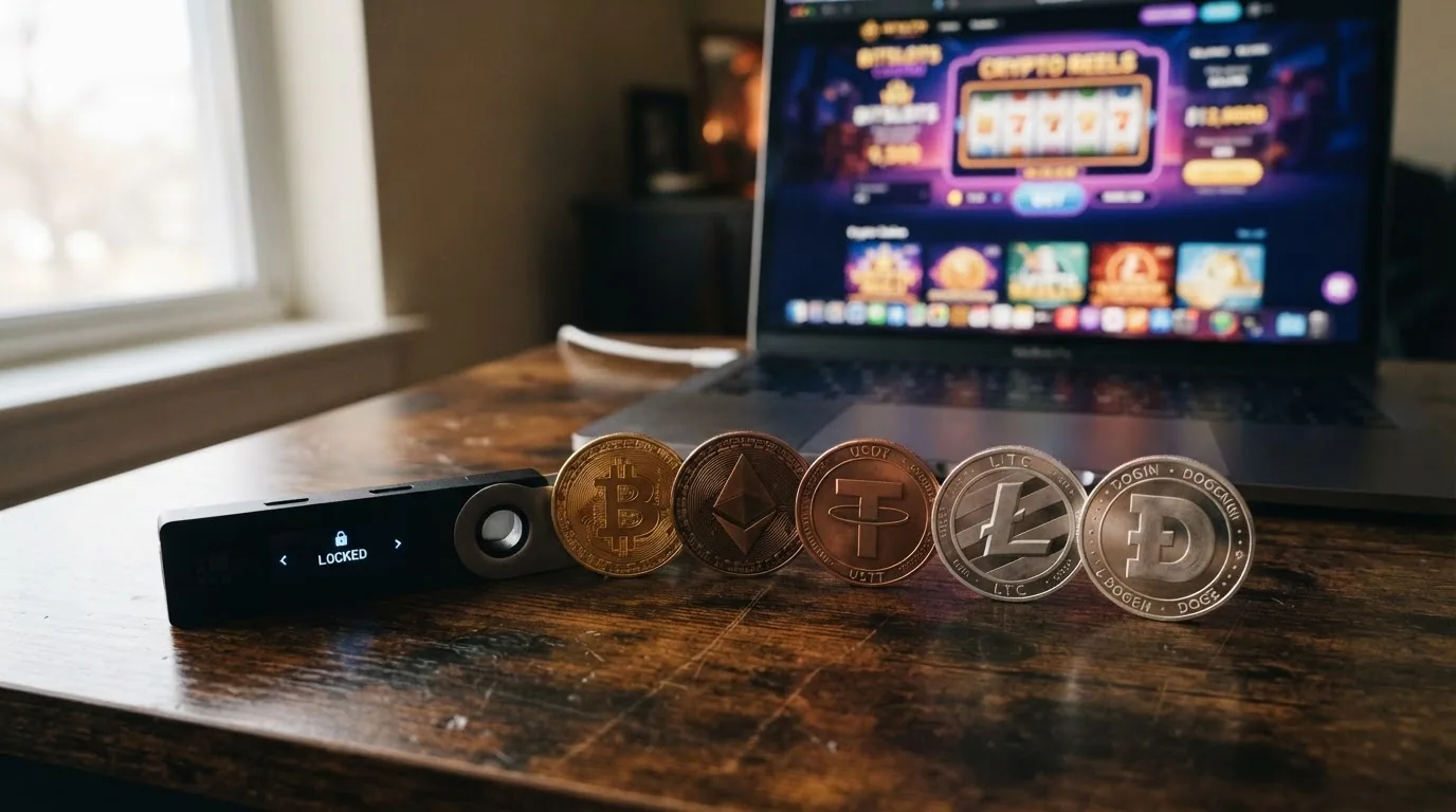 Una cartera física de hardware wallet junto a monedas físicas simbólicas de Bitcoin, Ethereum, USDT, Litecoin y Dogecoin alineadas sobre una mesa, con una pantalla de casino de fondo.