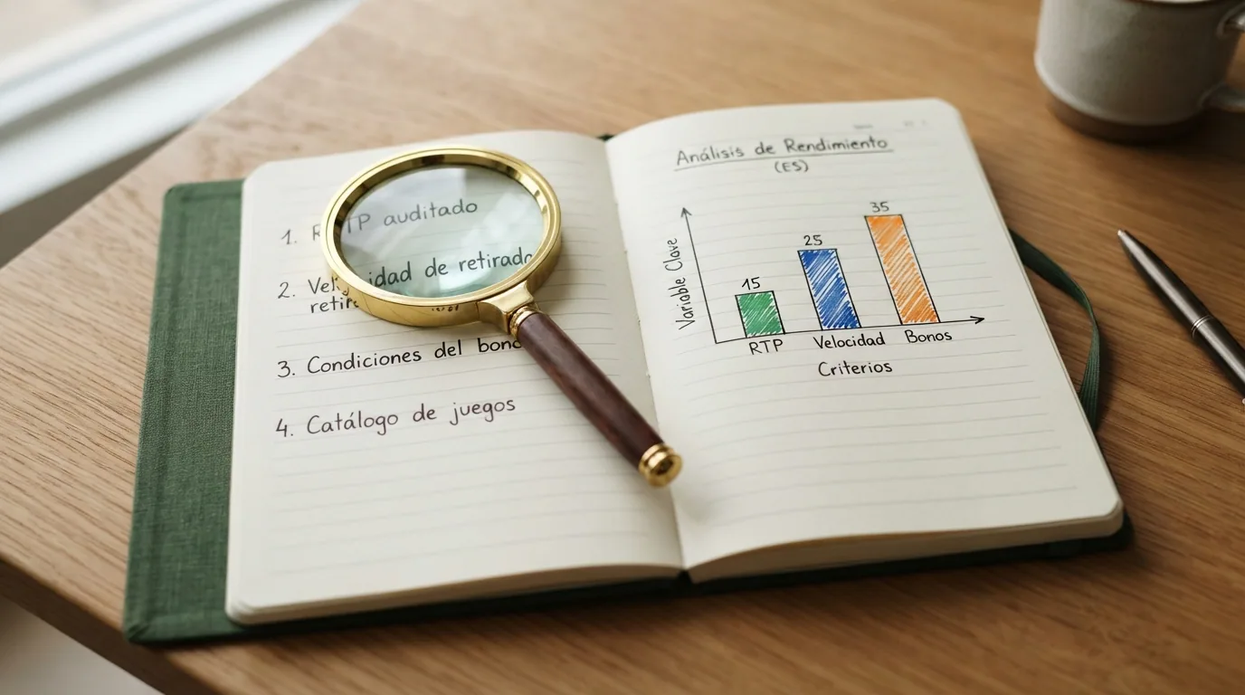 Bloc de notas con los cuatro criterios de evaluación —RTP, velocidad de retirada, condiciones del bono y catálogo de juegos— junto a una lupa sobre el registro DGOJ