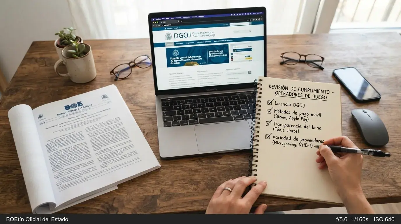 Una mesa de trabajo con documentos normativos del BOE, la web ordenacionjuego.es abierta en un portátil y una lista de verificación con los criterios de selección