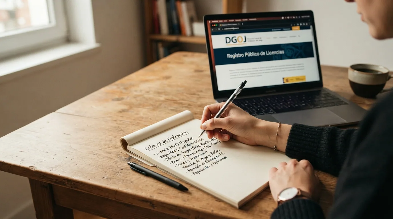 Lista manuscrita con los criterios de evaluación —licencia DGOJ, aceptación de tarjetas, condiciones del bono, rollover, trazabilidad del pago— junto a un portátil abierto en el registro público de la DGOJ