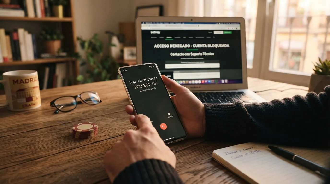 Un teléfono móvil sobre una mesa con la pantalla mostrando un número de atención al cliente de casino y un ordenador con el mensaje «acceso denegado» de fondo