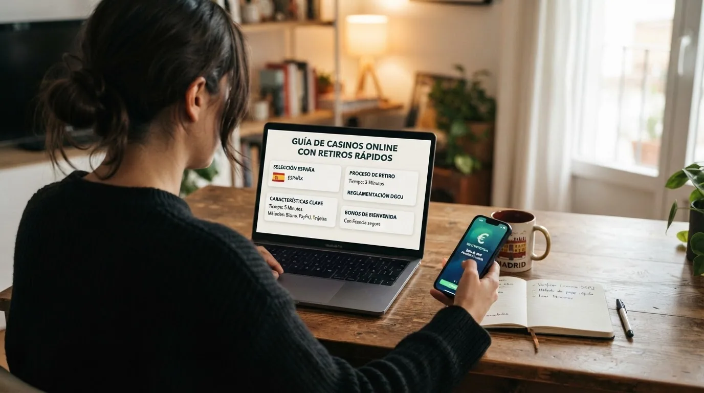 Jugador consultando una guía de casinos online en un ordenador portátil con un café al lado y una libreta con anotaciones