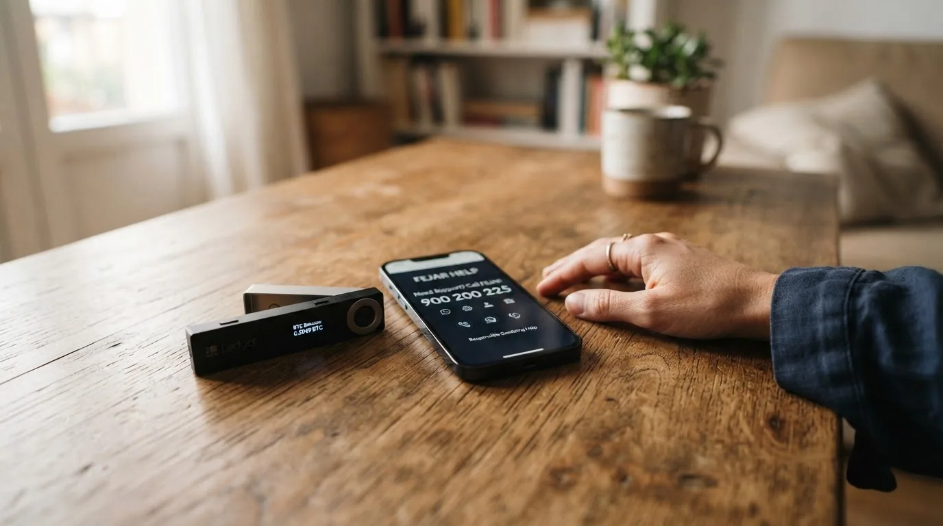 Un monedero cripto junto a un teléfono móvil con el número de ayuda de FEJAR (900 200 225) visible en pantalla