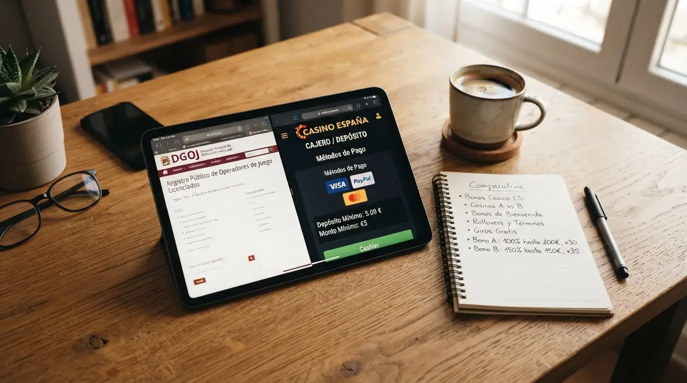 Una persona sentada frente a una tablet que muestra la página de ordenacionjuego.es en una mitad de la pantalla y el cashier de un casino con depósito mínimo de 5€ en la otra, con una taza de café al lado y un cuaderno con anotaciones a mano sobre bonos y rollover comparados
