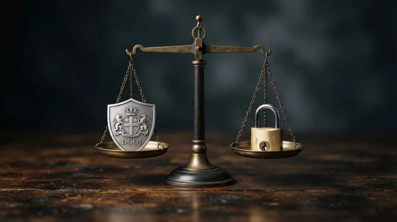 Una balanza con el escudo de la DGOJ en un platillo y un candado de privacidad en el otro, equilibrados pero sin tocarse