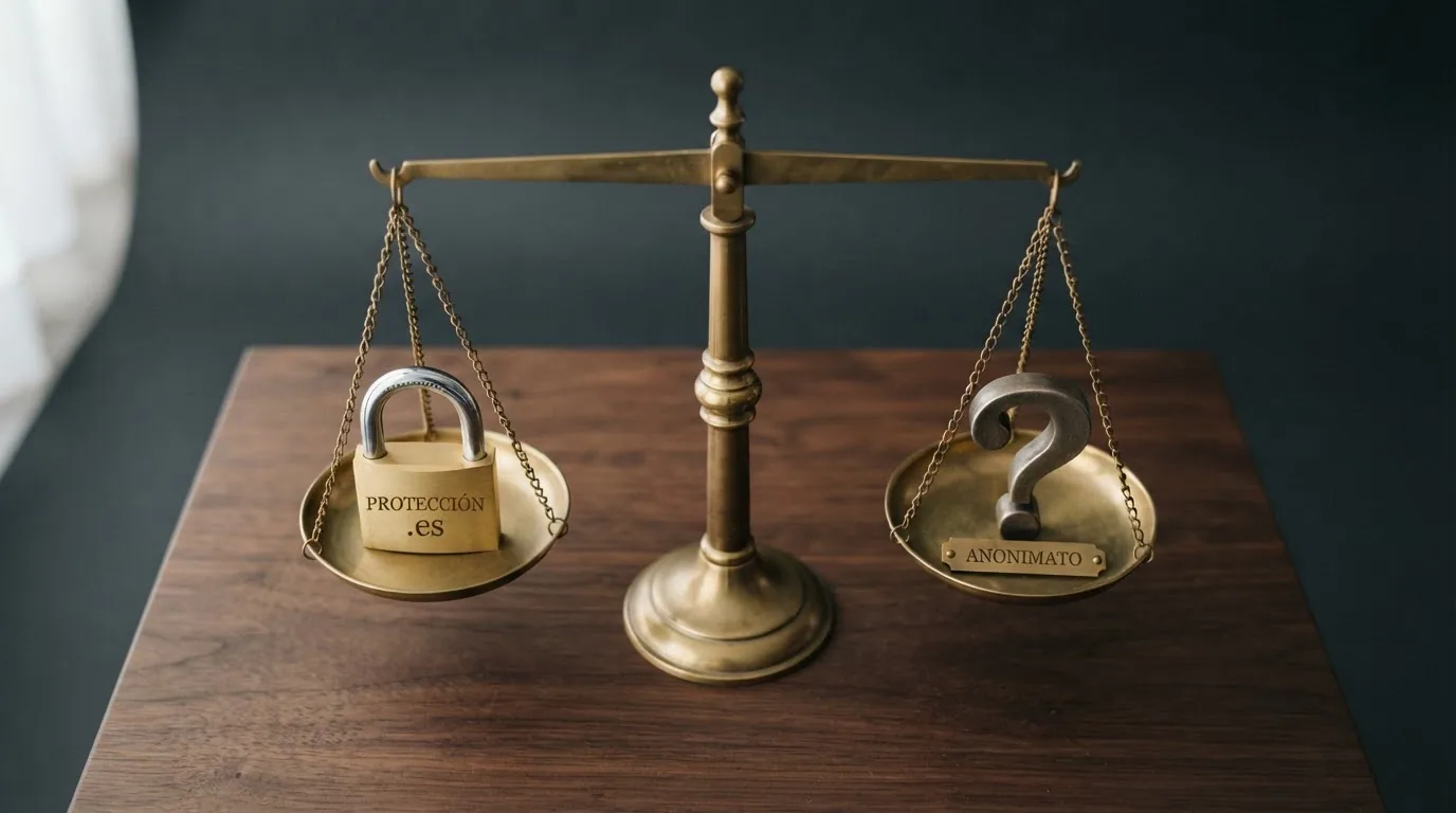 Una balanza con dos platillos: en uno, un candado con el distintivo .es y la palabra «protección»; en el otro, un signo de interrogación y la palabra «anonimato»