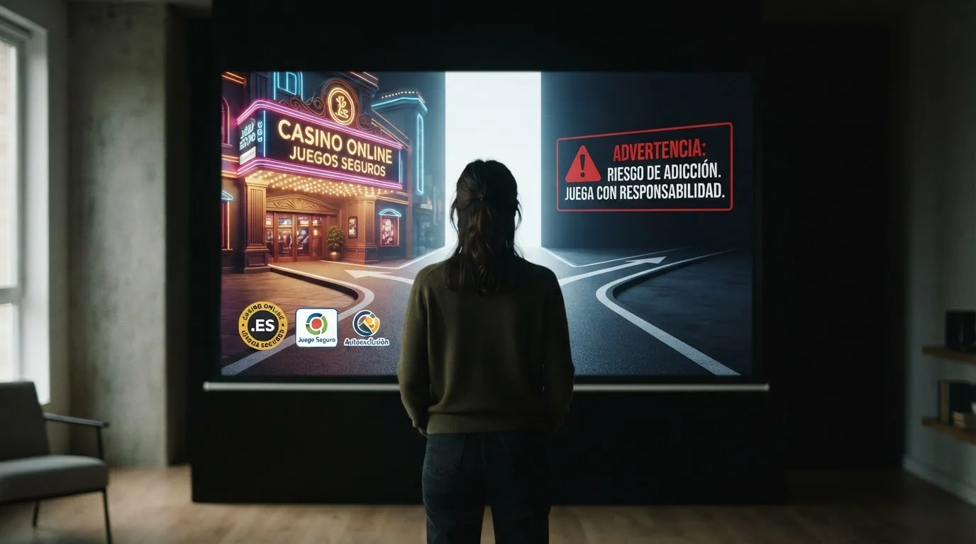 Jugador frente a una pantalla con dos caminos: un casino con el sello .es y otro con una senal de advertencia