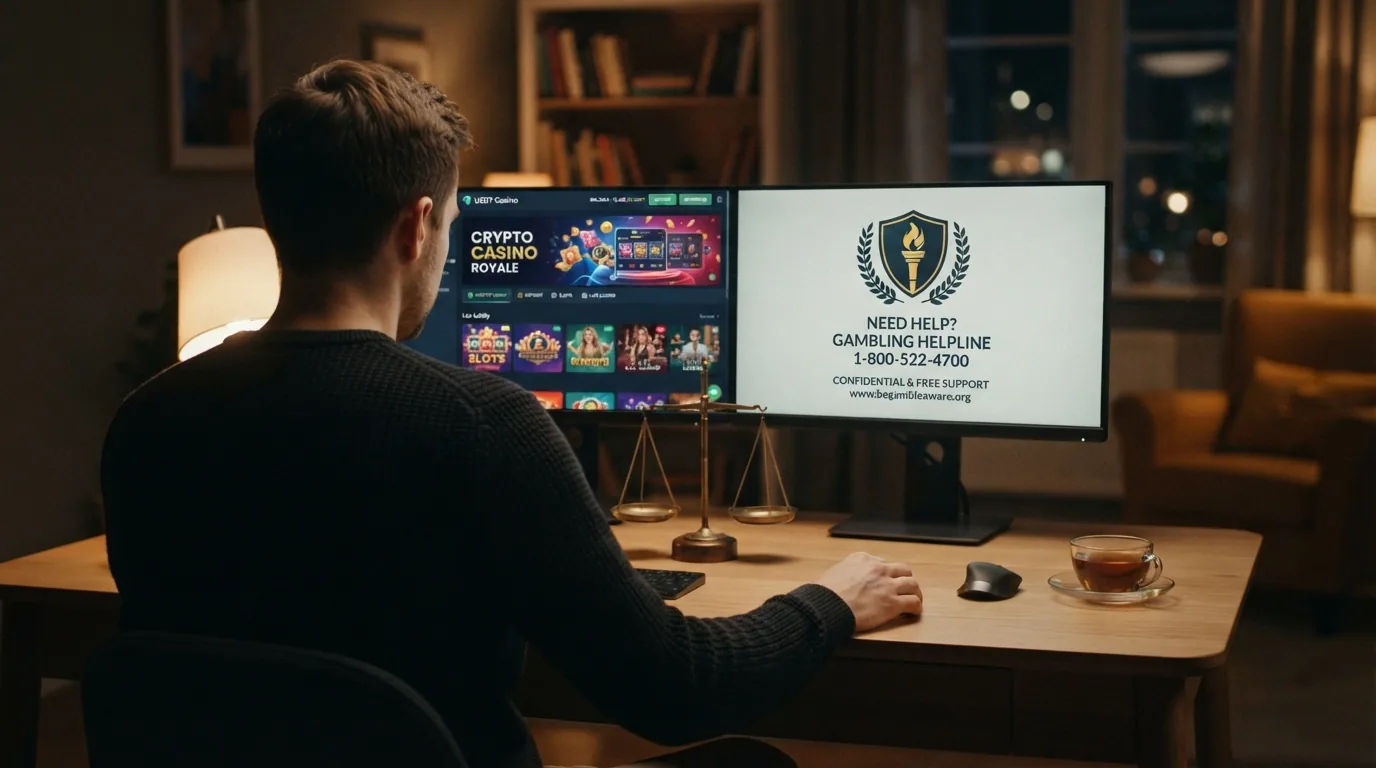 Un jugador ante una pantalla dividida: a un lado un casino online con saldo en USDT, al otro el logotipo de la DGOJ y el teléfono de FEJAR, con una balanza en el centro