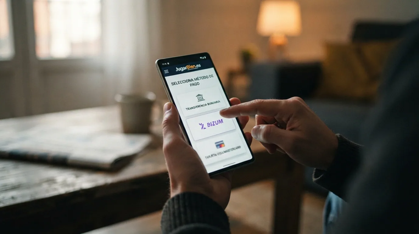 Una mano que sostiene un teléfono mostrando la pantalla de elegir método de pago en un casino español, con transferencia bancaria y Bizum como las dos opciones visibles y el dedo a medio camino entre ambas