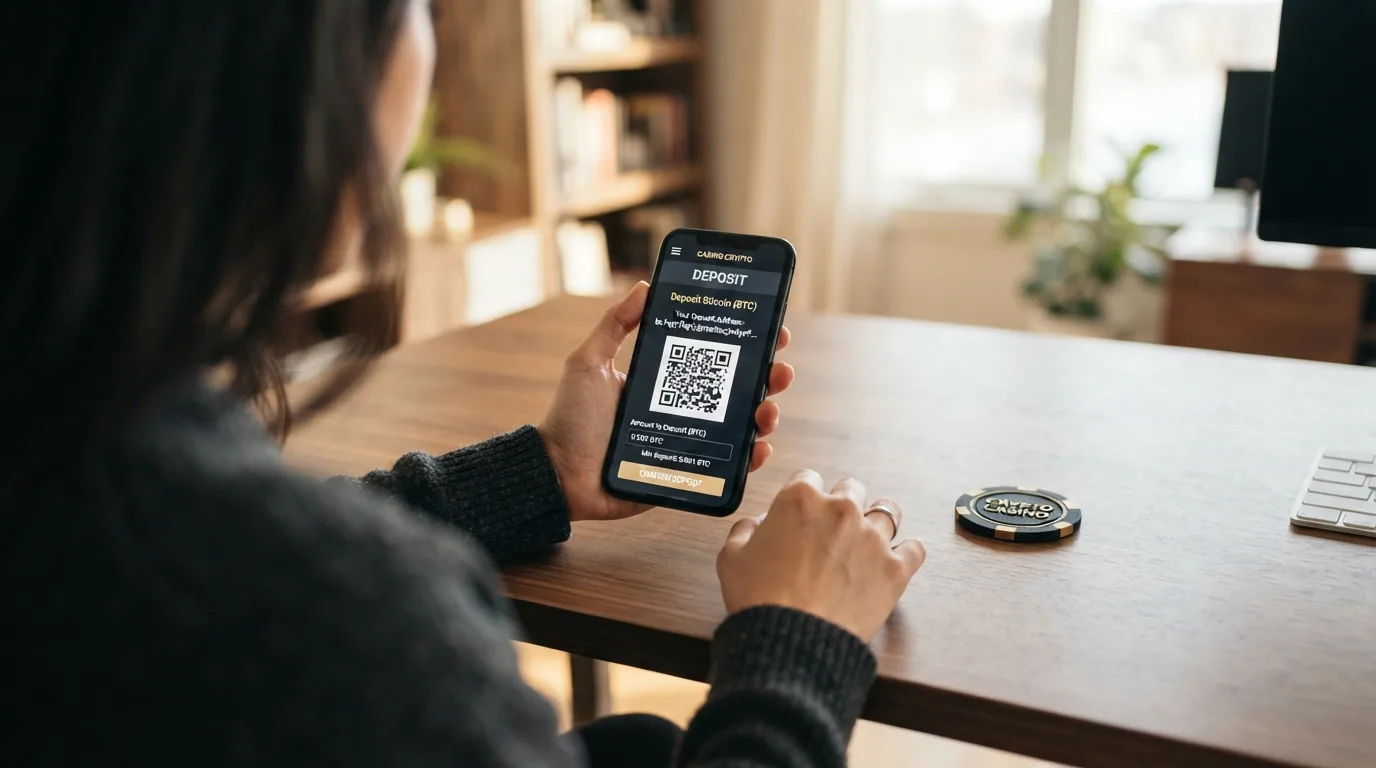 Pantalla de cajero de un casino cripto donde se selecciona Bitcoin Cash como método de depósito, se muestra la dirección de envío y el código QR para escanear desde la wallet del jugador