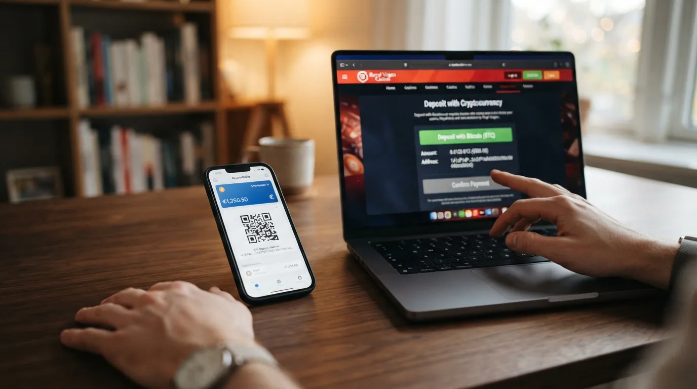 Un teléfono móvil mostrando una app de wallet Bitcoin con un código QR de depósito junto a la pantalla de un ordenador con el cajero de un casino online abierto
