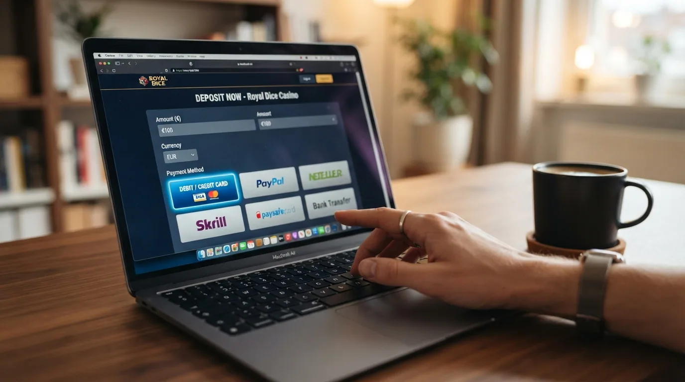 Primer plano de una pantalla con el formulario de depósito de un casino online, el importe introducido en euros y el botón de PayPal resaltado entre las opciones de pago disponibles
