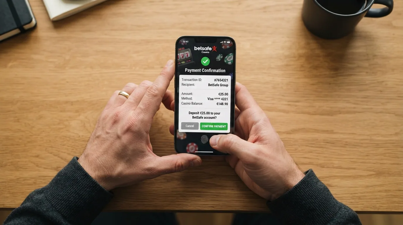 La pantalla de un iPhone mostrando la confirmación de un depósito con Apple Pay en la caja de un casino online