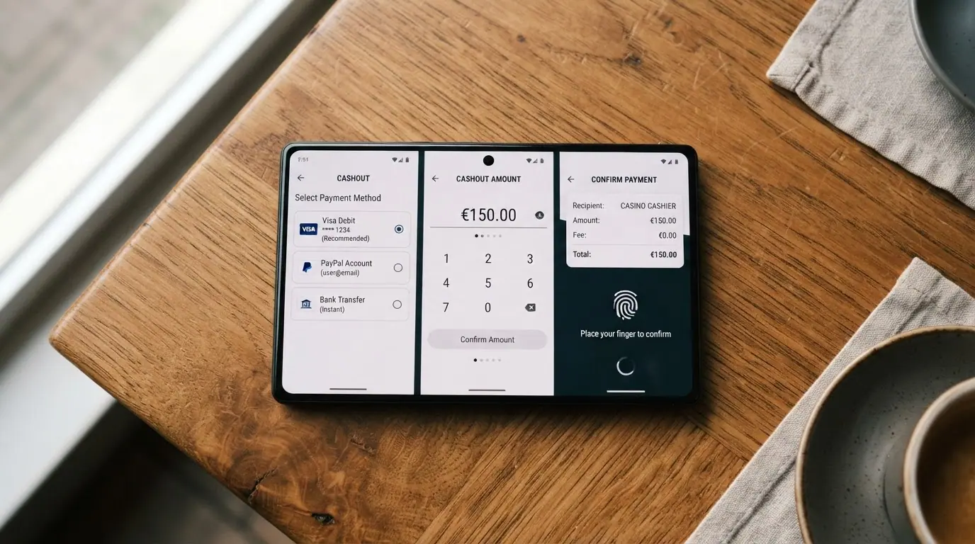 Secuencia de tres capturas de pantalla de un teléfono móvil: selección de Bizum en el cajero del casino, pantalla de validación en la app del banco con importe, y confirmación del depósito completado