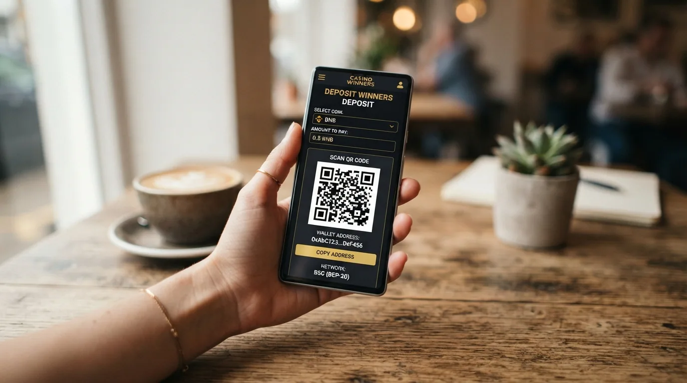 Pantalla de depósito en un casino online con el importe expresado en BNB y un código QR para escanear desde la wallet del jugador