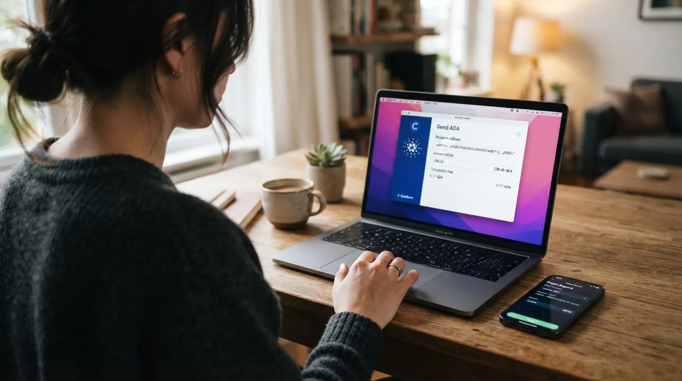 Interfaz de una wallet de Cardano mostrando los campos de dirección de envío y cantidad de ADA antes de confirmar una transacción