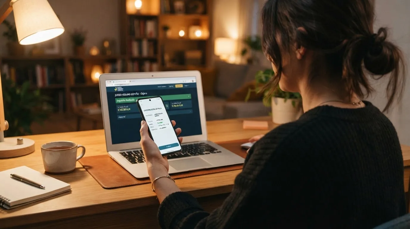 Una mano sosteniendo un móvil sobre el teclado de un ordenador portátil, con la pantalla del móvil mostrando la confirmación de un pago con CaixaBank Pay y la pantalla del portátil mostrando el cashier de un casino online con el saldo reflejado al instante